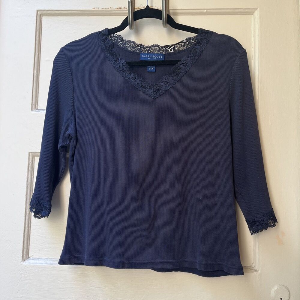 Karen Scott Blouse Top PM Lace Boho Fairy 3/4 sleeve Vneck Dark Romantic Dainty